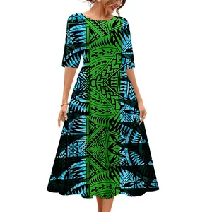 2023 Blue And Green Pacific Heritage Ethnic Style O-Neck Long Dress Big People OEM Dress For Party Drop Shipping