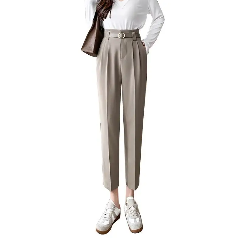 Casual Korean Style High Waist Harem Pants Women Pockets Belt Vintage Elegant Office Ladies Suit Pants OL Black Trousers