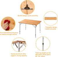Hauteur réglable en usine 4 plis Portable léger bureau cadre en aluminium bambou en bois Camping pique-nique Table de dîner en plein air