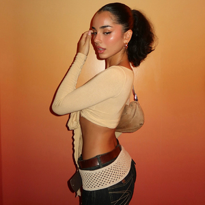 T-shirt en maille respirant à manches longues et col en V sexy, couleur unie, coupe ajustée et courte, pour femme, idéal au quotidien - Product Image 4