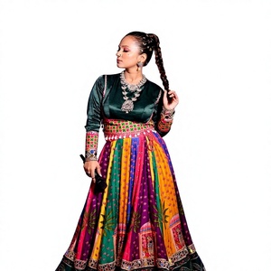 Color Block Modern Sheath Satin Navaratri <b>Lengha</b> Full Sleeve Maxi Embroidered Print Scoop Neck Empire Waist Evening Dress - Product Image 1