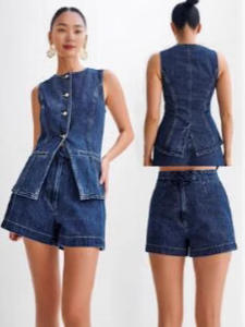 Conjunto de pantalones cortos de mezclilla de 2 piezas para mujer, conjunto de pantalones cortos de mezclilla de cintura alta sin mangas informal de verano para mujer - Product Image 5