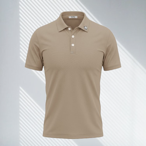 Men'<b>s</b> Beige Short Sleeve Cotton <b>Polo</b> <b>Shirt</b> Solid Color Casual Style Breathable Knitted Fabric Regular Fit Front Logo - Product Image 1