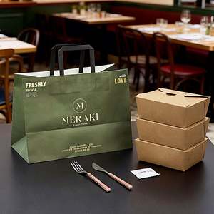 Custom Logo Eco-Friendly Disposable <b>Biodegradable</b> Recyclable Kraft <b>Paper</b> Food Takeout Bag Flat Handle for Restaurant Delivery - Product Image 6