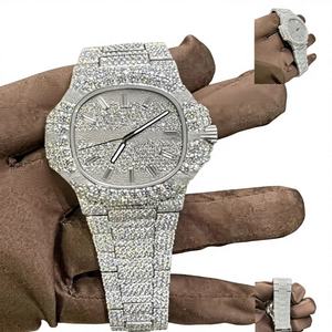 Reloj de Lujo para Hombre, Hecho a Mano, con Diamantes Moissanite, Acero Inoxidable, 41 mm, VVS, Dorado, Audemar, Totalmente Cubierto de Diamantes, Plateado, Mecánico, Zafiro - Product Image 1