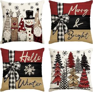 Navidad muñeco de nieve Reno Gnomo fundas de almohada, árboles de Navidad <span class=keywords><strong>Hello</strong></span> Winter Holiday funda de cojín decoración para sofá Juego de 4 - Product Image 1