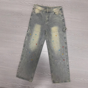Pantalones vaqueros holgados desgastados con lavado ácido de pierna ancha de alta calidad, Pantalones vaqueros de gran tamaño con diamantes de imitación para hombres - Product Image 1