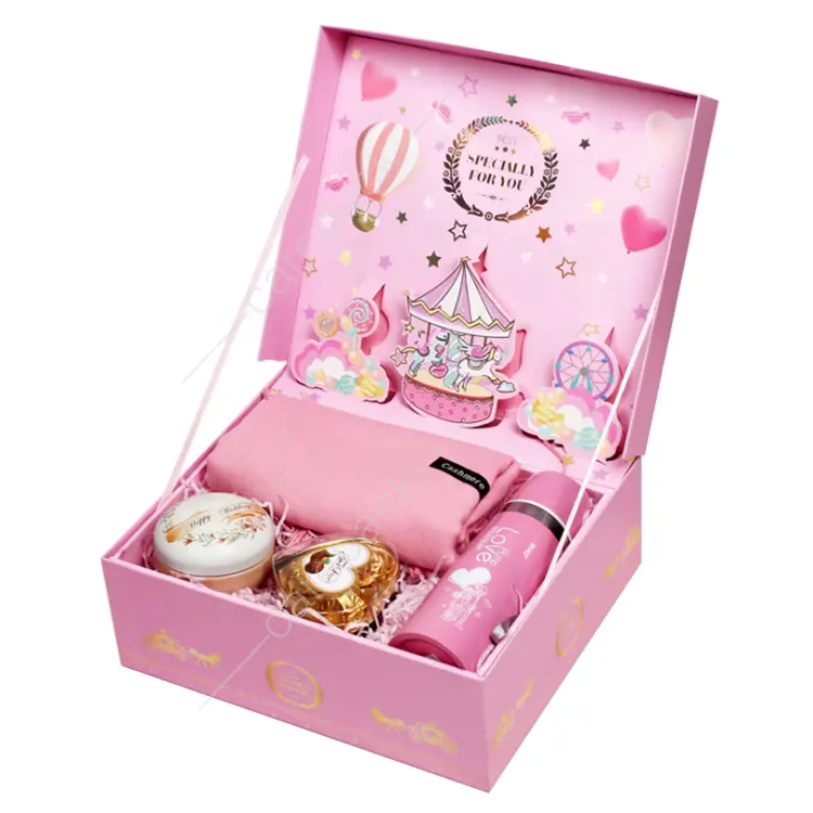 Boîte cadeau d'anniversaire 3D pour enfants, 20 pièces, coffret cadeau poupée, chapeau, ensemble de papeterie, boîte d'emballage rose et bleu, Logo personnalisé