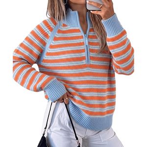Pull personnalisé pour femme à demi-zip, rayé, à manches longues, en tricot côtelé, coupe oversize, col roulé décontracté - Product Image 1