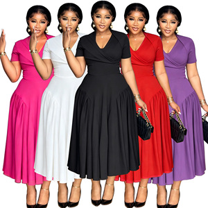 N8208 Nouvelle Collection Transfrontalière – Robe d'été élégante pour <span class=keywords><strong>femme</strong></span> grande taille, style africain, couleur unie, col en V, manches courtes, en polyester - Product Image 2
