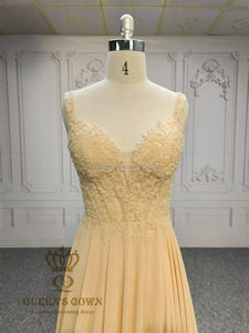 QUEENSGOWN Champagne A-lijn Chiffon Avondjurk Sexy V-hals Silhouette Elegante Zomerfeest <span class=keywords><strong>Prom</strong></span> Jurk met Geborduurde Kant - Product Image 2
