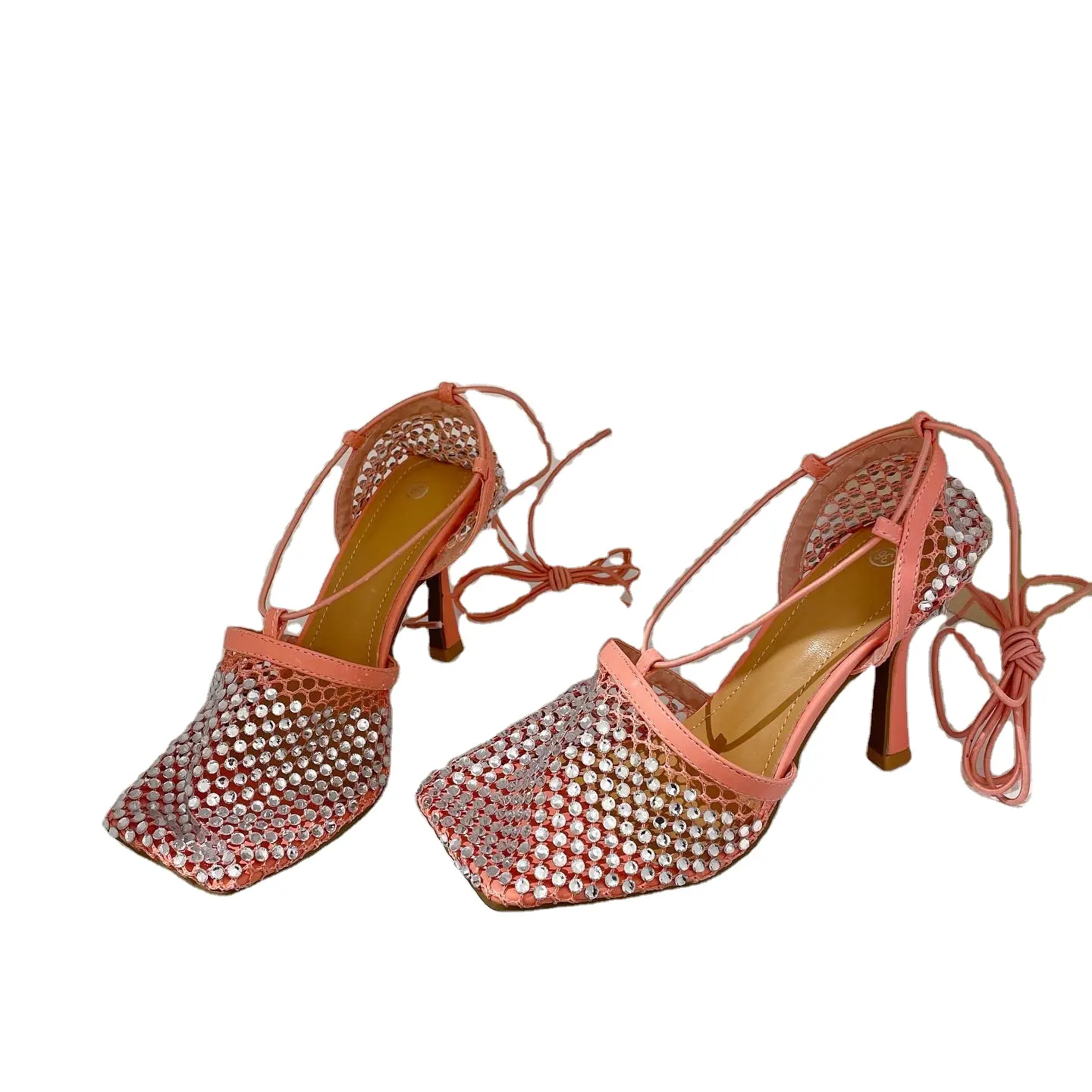 밀라노 레이스 업 랩 주위 신발 메쉬 힐 스퀘어 발가락 스트레치 다채로운 디자인 짠 샌들 diamante 여성 신발