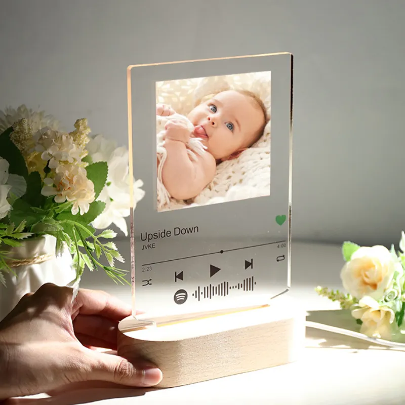 Personalized Heart Night Light 3D Acrylic Lamp Custom Photo Picture Led Light with Wood Base Personalized Gift for Father