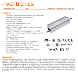 อินเวนโทรนิคส์ EUM-480S280BG 480W 2800mA NFC โปรแกรมได้ DALI‑2 D4i กระแสคงที่ IP67 ไดรเวอร์ LED อินพุต 90‑305Vac - Product Image 2
