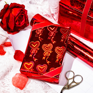 Red Metallized Gift Wrapping <b>Paper</b> Heart And Ribbon <b>Pattern</b> Waterproof For Packaging And Craft Use - Product Image 2