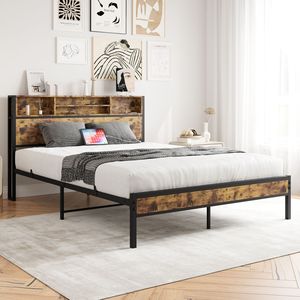 <b>Bed</b> <b>Frame</b> Storage Headboard Metal <b>Platform</b> <b>Bed</b> Charging Station Bookcase Easy Assembly Noise-Free Black No Box Spring - Product Image 2