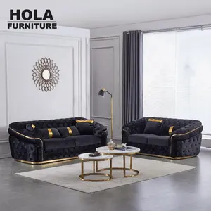 HOLA lujo terciopelo Chesterfield sofá felpa terciopelo negro sofá y Loveseat muebles esquina sofá conjunto sala de estar sofás