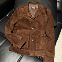 Veste en cuir suédé d'agneau importé pour homme, col rabattu, fermeture éclair sur le devant, poche à rabat, coupe ample, style vintage, patchwork, marron chocolat