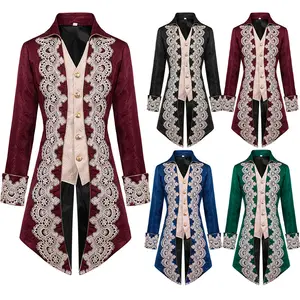 Halloween Tailcoat Costume Lace Stitching Floral Jacquard Jacket Steampunk Gothic Top Pirate Cosplay Victorian Clothing Men