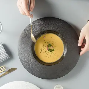 Prato de cerâmica fosco personalizado para jantar, chapéu de palha japonês, prato redondo preto e branco com carater profundo, para restaurante