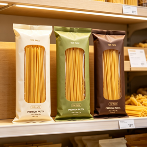 Sachet oreiller PE personnalisé OEM à faible MOQ avec fenêtre, scellé au dos, pour emballage de pâtes (spaghetti, penne, fusilli) 250g, 500g, 1kg, pour la vente au détail de marques - Product Image 4