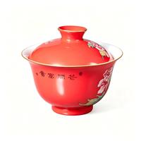 Set Gaiwan Porselen Merah Cina Premium yang Berwarna Cerah dengan Desain Bunga Peony Tradisional untuk Kemakmuran, 2-Piece Lid Bowl Kung Fu Tea Cup Food.