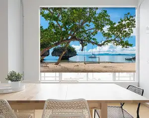 Custom Made Factory Sale Motorized Cordless Summer Beach Scene Tropical View Printed Picture Blackout Photo Roller Blind