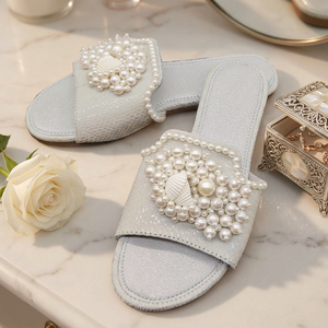 Sandalias planas de cuero con cuentas de cristal para mujer de alta calidad, plantilla única Bohemia étnica TPR, plataforma superior, tapa blanca, verano y primavera - Product Image 1