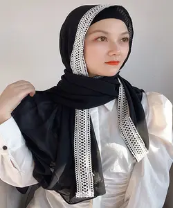 Trendy Women Plaid Lace Hijab Heavy Chiffon Scarf Muslim Shawl Plain Soft Turban Head Wraps Islamic Headband Foulard