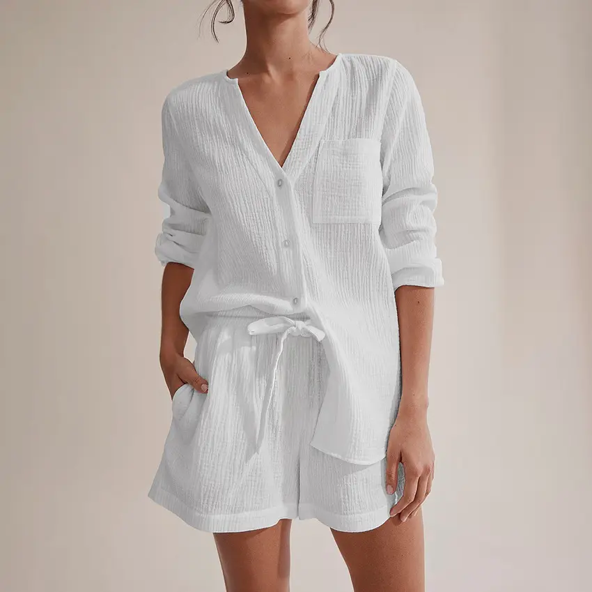 Summer white long-sleeved air-conditioned clothes Double-layer gauze shorts set women Cotton pajamas and home clothes