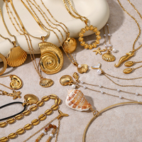 Collar Wanxing Serie Océano, Chapado en Oro de 18K, Acero Inoxidable, con Colgante de Estrella de Mar y Concha de Perla en Espiral, para Mujer