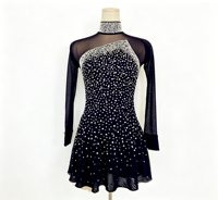 Robe de patinage artistique noire à col montant, manches longues, dos ajouré en maille, ornée de strass, pour adultes et enfants