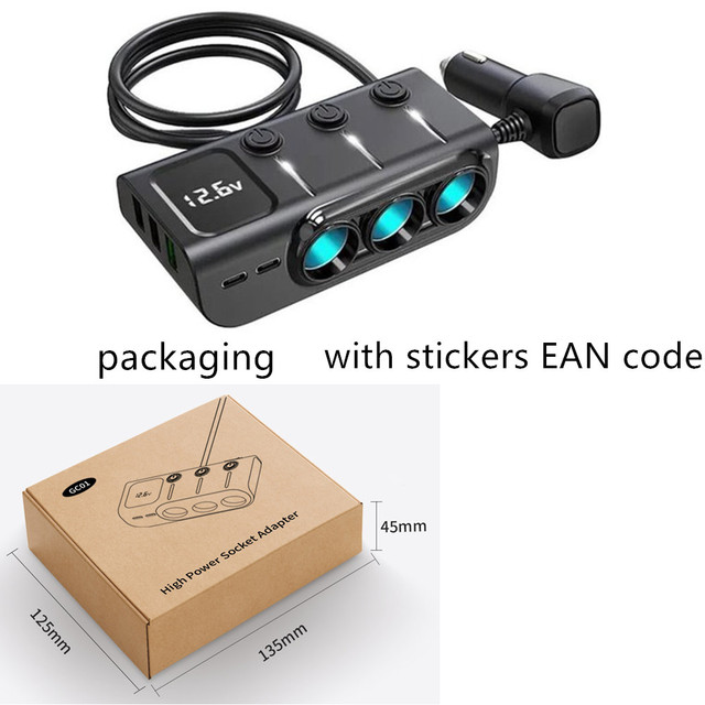 120W 3-Port USB C PD Fast Charging Car Charger Adapter Individual Switches 12V/24V Lighter Socket Converter GC01 Model Wire