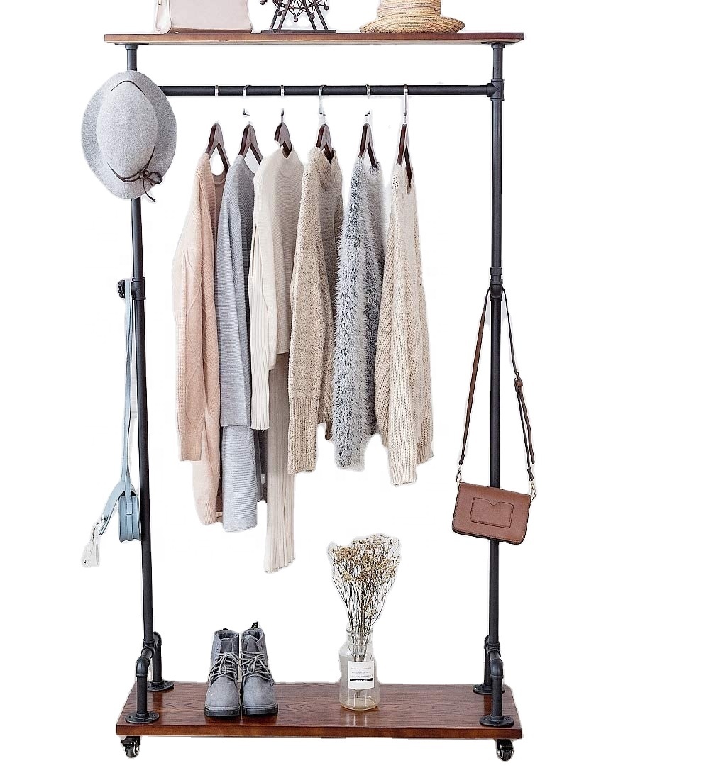 Industrial Pipe Commercial Heavy Duty Clothing Garment Rack on Wheels with Wood Shelves