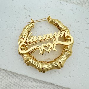 Pendientes de <span class=keywords><strong>Aro</strong></span> Personalizados con Placa de Nombre, Chapados en <span class=keywords><strong>Oro</strong></span>, de Acero Inoxidable - Product Image 4