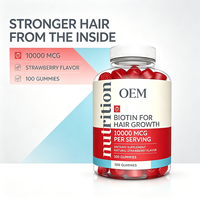 Gummies à la biotine 10000 mcg pour la croissance des cheveux, saveur fraise naturelle, 100 unités