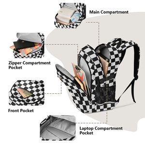 Fashion Custom Design <b>Black</b> White Check Checkered Girls Boy Daypack Books School College Laptop Travel Bag with Mesh Pockets - Product Image 5