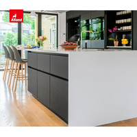 Allandcabinet Armoire de cuisine personnalisée, modulaire et moderne, noire, en forme de mur unique avec cascade et îlot pour salle à manger