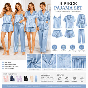 Low MOQ Custom Pajama Set Silk Satin 4 Piece Women Sleepwear Private Label Cami Shorts Pants Robe Lounge Set Manufacturer