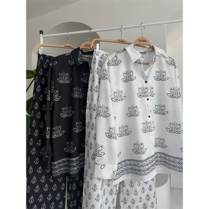 Conjunto de Lino con Estampado Étnico Sobe para Mujer, Manga Larga, Estilo Bohemio, Transpirable, Primavera Verano, Blanco - Product Image 1