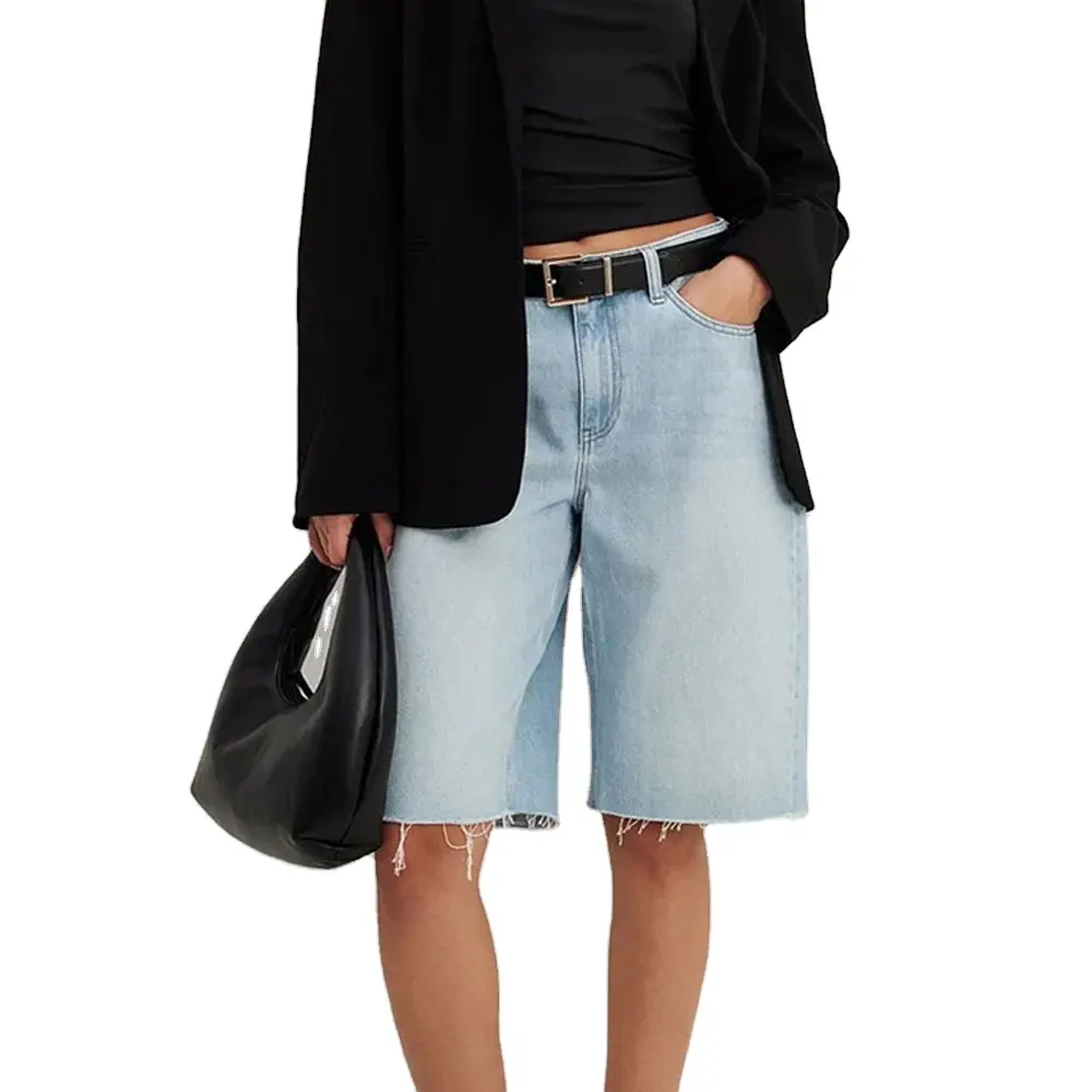 Été de haute qualité Streetwear pour femmes Broderie abîmée Baggy Jeans Shorts Oversized Bermuda Denim Knee Length Shorts
