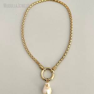 NM42678 позолоченная цепочка-змея ожерелье с жемчугом барокко кулон толстая цепочка-змея Пружинная Застежка карабин кулон с жемчугом CZ - Product Image 4