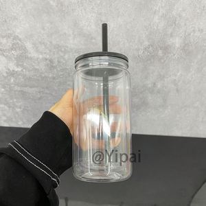 12Oz Colorful Double Wall Pre Drilled Snow Globe Acrylic Can <b>Cups</b> With <b>Plastic</b> Lids and Straws - Product Image 2