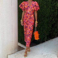 Robe plissée midi personnalisée, col en V, manches bouffantes, imprimé floral, taille ajustée, pour soirée, vacances, rendez-vous, élégante, marque privée, faible MOQ