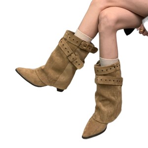 American Hottie 2025 Women's Western Short <b>Boots</b> Early Autumn Design with <b>Slip</b>-<b>On</b> Closure Belt Buckle Trouser <b>Boot</b> - Product Image 5