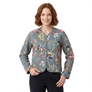 Veste matelassée florale à col en V pour femme, manches longues, poches plaquées, style automne, manteau en polyester tissé - Product Image 1
