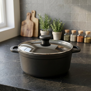 Cocotte en fonte avec couvercle en verre, résistante au four et au lave-vaisselle, durable, antiadhésive, compatible gaz et induction, poignée en acier inoxydable - Product Image 4