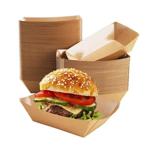 Custom Paper Food Boats Grease-resistant Kraft Food Trays Disposable Brown Paperboard Serving Baskets for Hot Dog