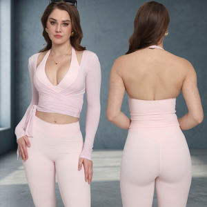 Ensemble de yoga sans couture rose pour femmes, 2 pièces, haut court à manches longues, leggings taille haute - Product Image 3