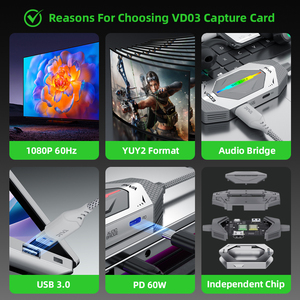 Carte de <span class=keywords><strong>capture</strong></span> vidéo PIVA VD03 1080P 60Hz USB3.0, station d'accueil pour jeux, charge rapide PD60W, pont audio, double écran, streaming en direct - Product Image 3